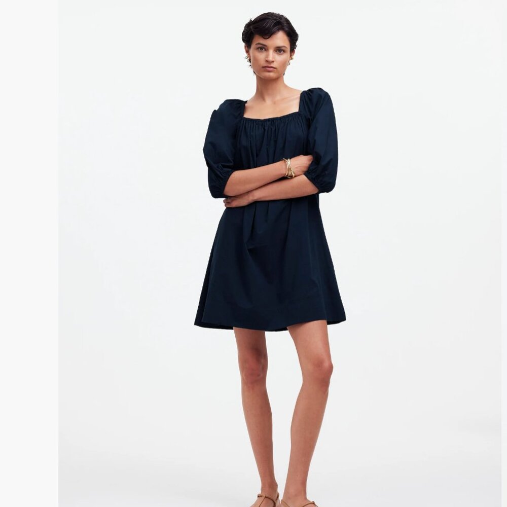 NWT Madewell Square-Neck Puff-Sleeve Mini Dress NS986 in Navy